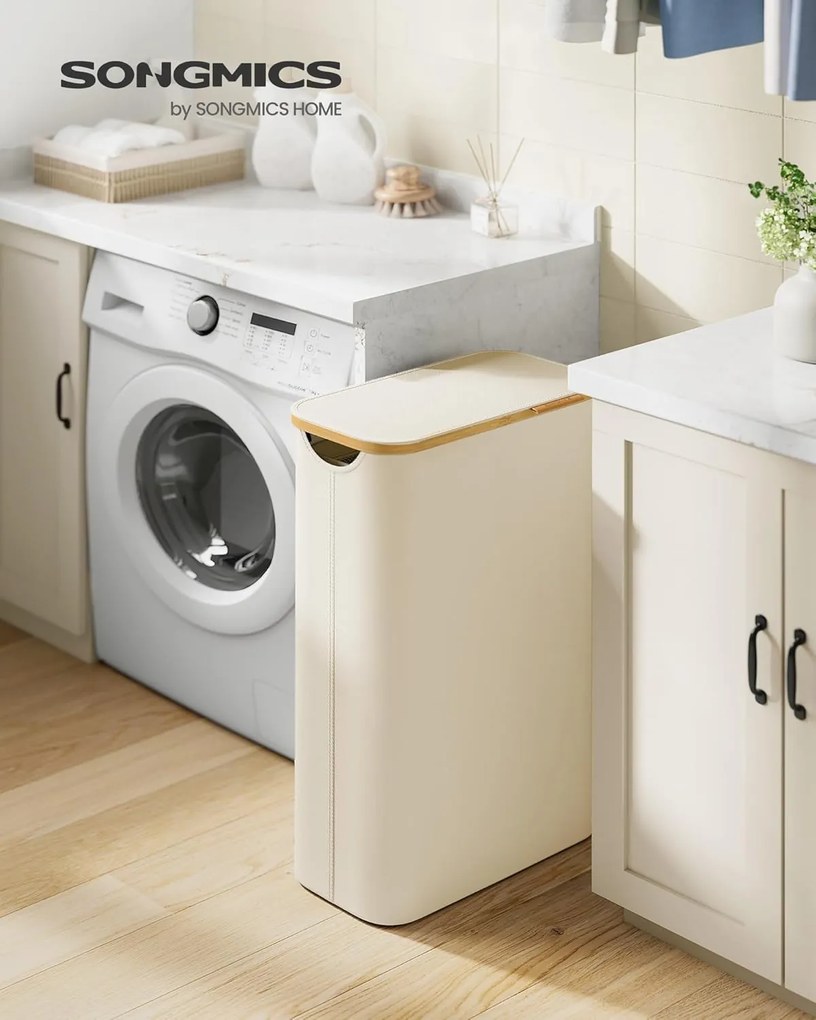 Úzky kôš na prádlo s viečkom, 65 L, krémovo biely