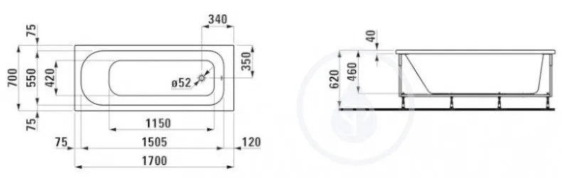 LAUFEN Solutions Vaňa s konštrukciou a L-panelom pravým, 1700 mm x 700 mm, biela H2225060000001