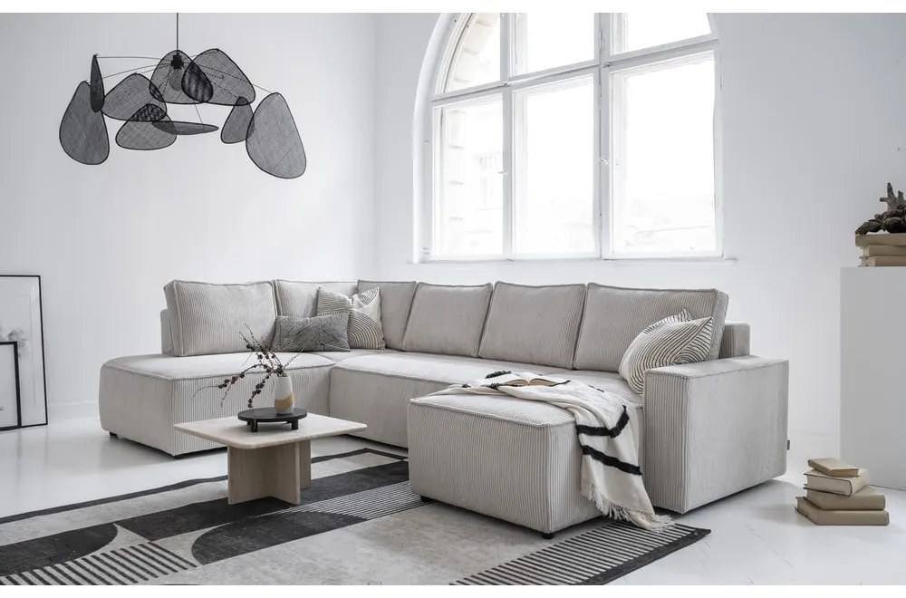 Biela menčestrová rozkladacia rohová pohovka (ľavý roh/do tvaru "U") Brave Dave – Miuform