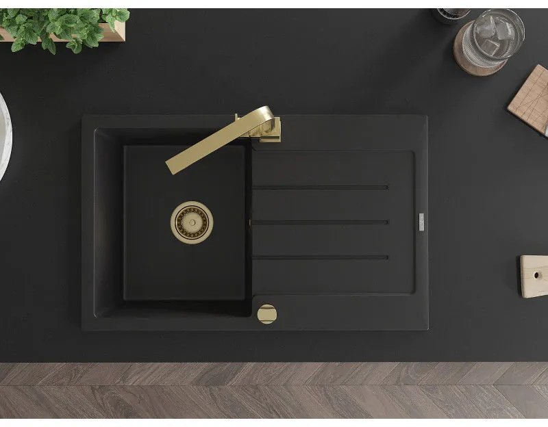 Mexen Bruno, drez granitový 795x495x200 mm, 1-komorový, čierna so zlatým sifónom a zlatá drezová batéria Rita, 6513-77-670300-50