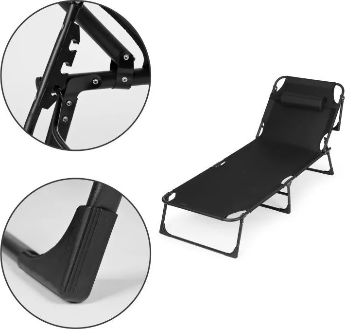 Skladacie záhradné ležadlo s vankúšom, čierne