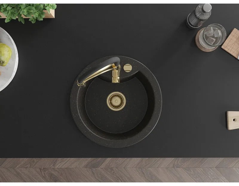 Mexen Diego, 1-komorový granitový drez 488x488x167 mm a drezová batéria Aster, čierna-zlatá metalíza, 6512-75-73450-57-G
