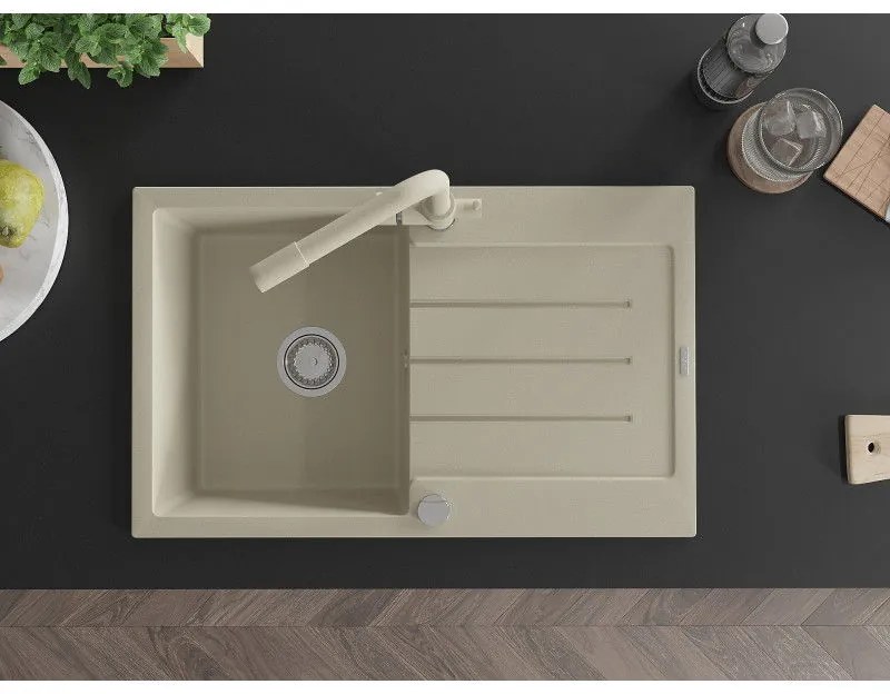 Mexen Bruno, 1-komorový granitový drez s odkvapkávačom 795x495x200 mm a chrómová batéria Duero, béžová, 6513-69-671600-69