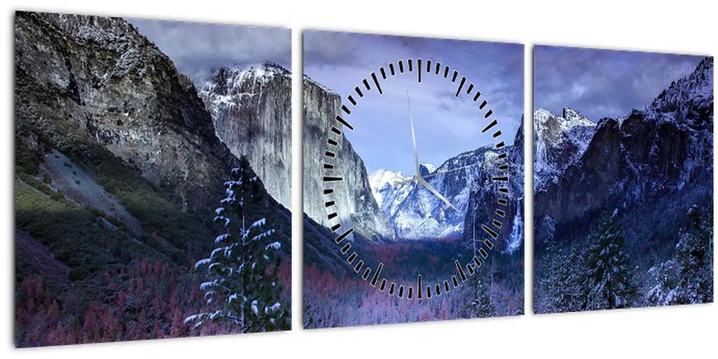 Obraz zimnej horskej krajiny (s hodinami) (90x30 cm)