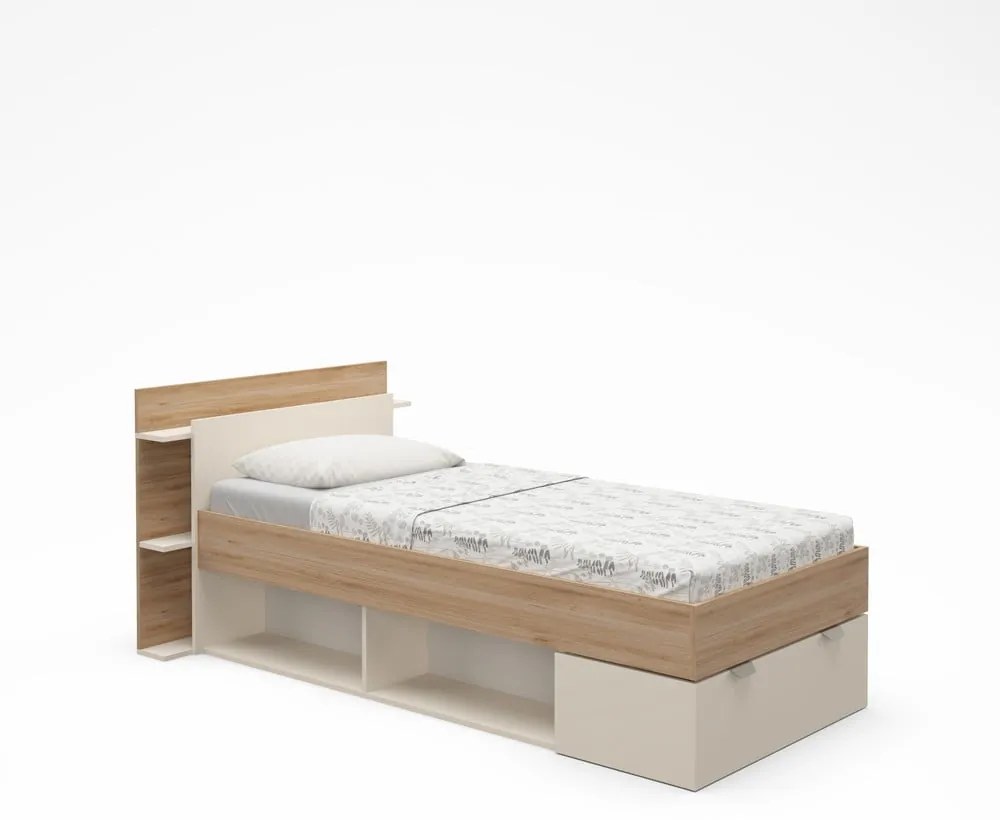 Jednolôžková posteľ v dekore duba s úložným priestorom bez roštu v bielo-prírodnej farbe 90x200 cm Albo – Marckeric