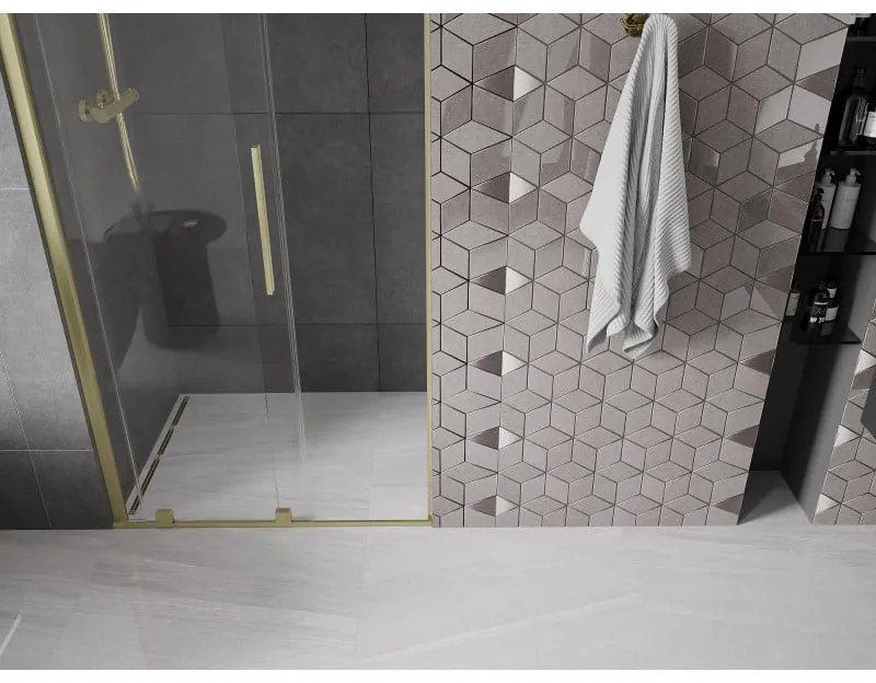 Mexen Velar, posuvné dvere do otvoru 90x200 cm, 8mm číre sklo, zlatá matná, 871-090-000-01-55