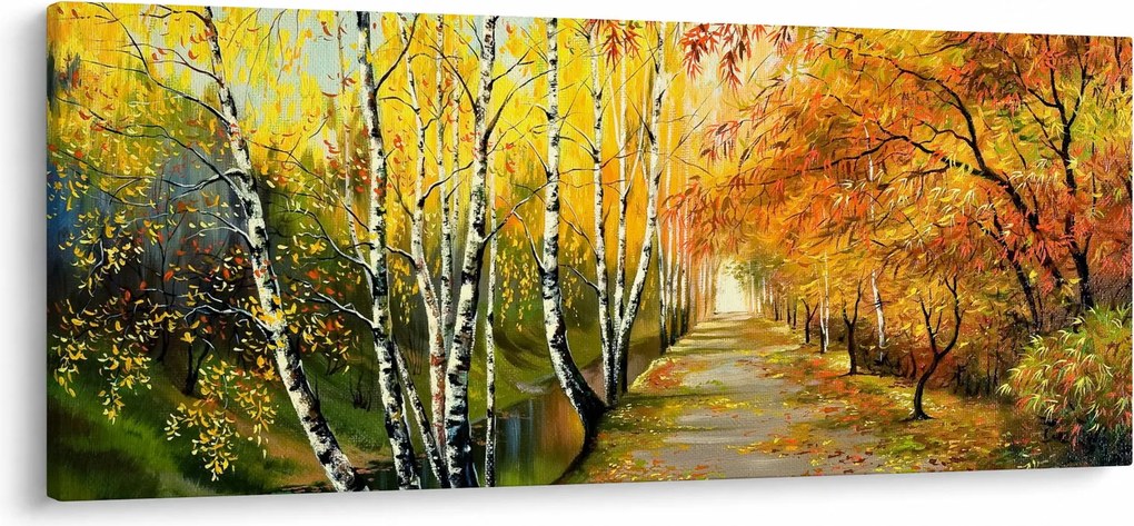 Obraz - Romantická alej pozdĺž vody, olejomaľba (120x50 cm)
