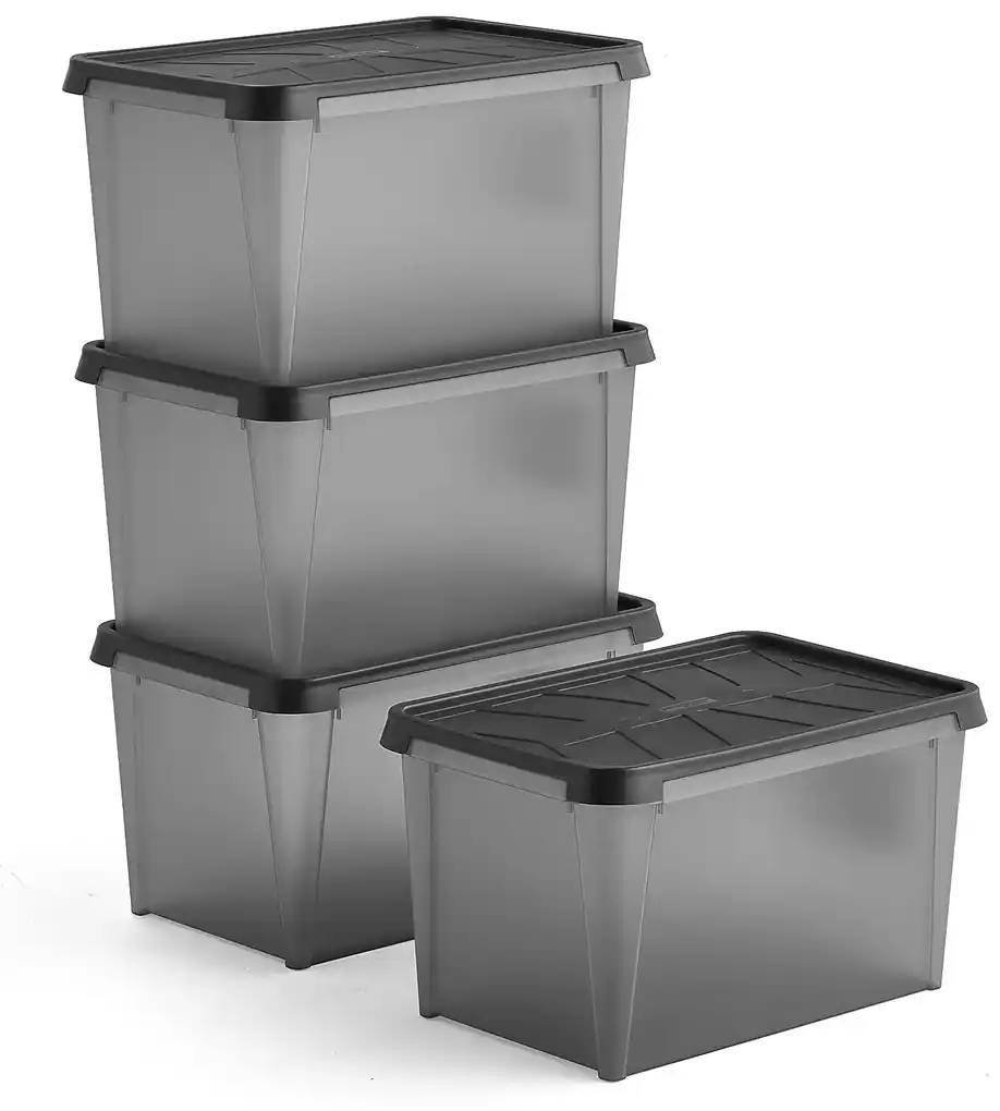 Plastové boxy s vekom DRY, 50 L, 4 ks, 600x400x350 mm, vodeodolné | BIANO