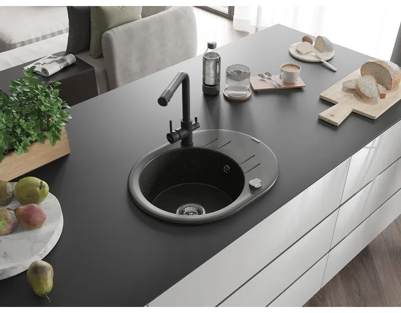 Mexen Kevin, drez granitový 586x458x190 mm, 1-komorový a čierna Duero batéria, čierna - zlatá metalíza, 6517-75-671600-70