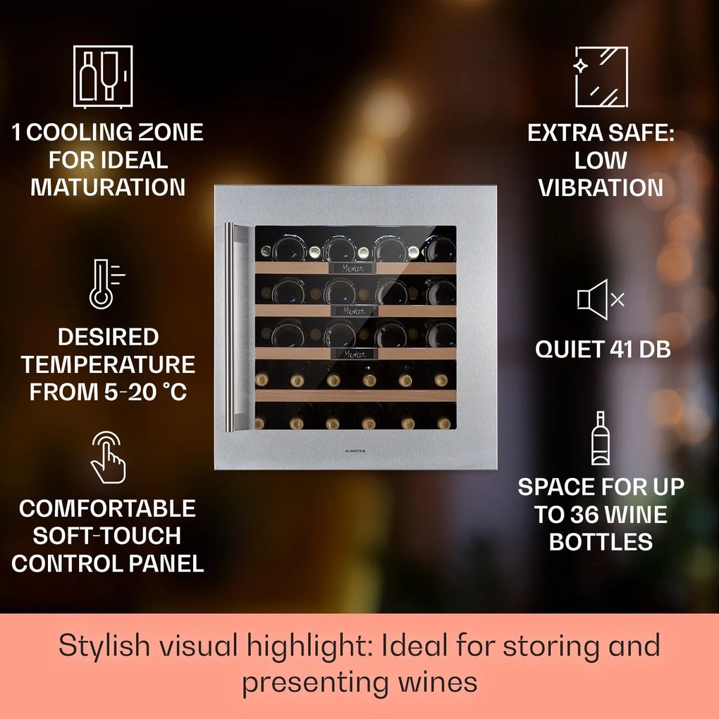 Klarstein Vinsider 36 Built-In Uno, vstavaná vinotéka, 92 l, 36 fliaš, nehrdzavejúca oceľ