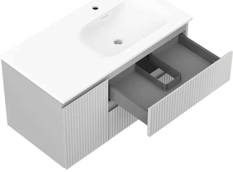 Mexen Rivel, kúpeľňová skrinka 90 cm s pravým umývadlom Vela, 2S, 1D, drážkovaná, sivá matná/biela matná - 91A23-09047-3-BBFFF62-W23P01