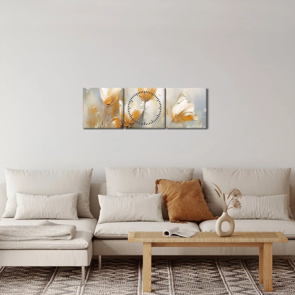 Obraz - Maľba tulipánov (s hodinami) (90x30 cm)