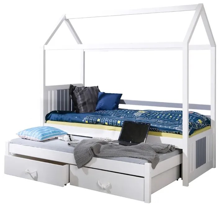Detská domčeková posteľ z masívu borovice JONAS s prístelkou a zásuvkami - 200x90 cm - biela/sivá