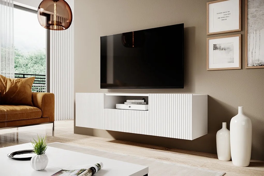 Závesný TV stolík Nicole 150 cm s otvorenou policou - biela / biela mat