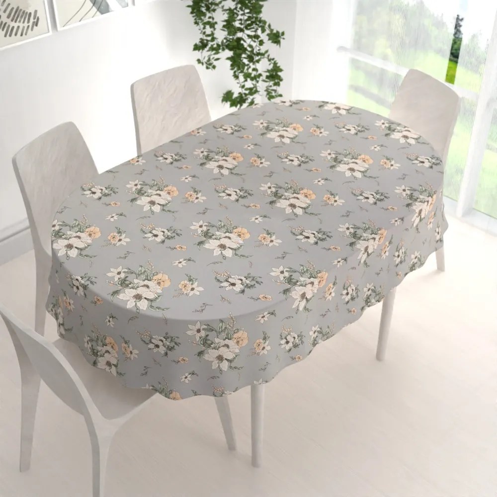 Biante Bavlnený oválny obrus Sandra SA-465 Oranžové kvety na sivom 120x140 cm