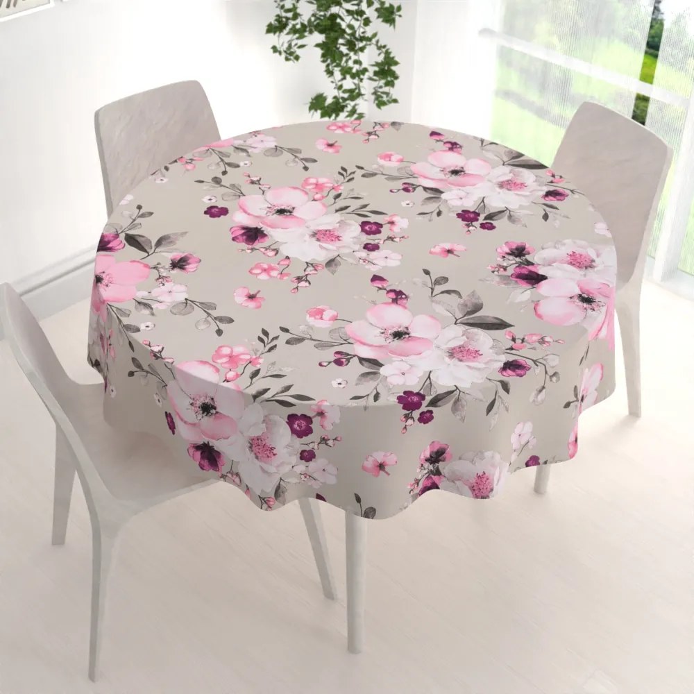 Biante Bavlnený okrúhly obrus Sandra SA-494 Veľké ružové kvety na svetlo sivobéžovom Ø 90 cm