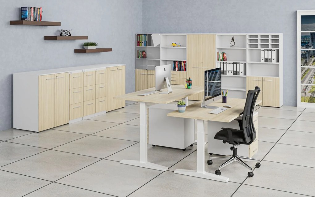 Kancelárska policová skriňa PRIMO WHITE, polené dvere, 800 x 500 x 1781 mm, biela/dub prírodná