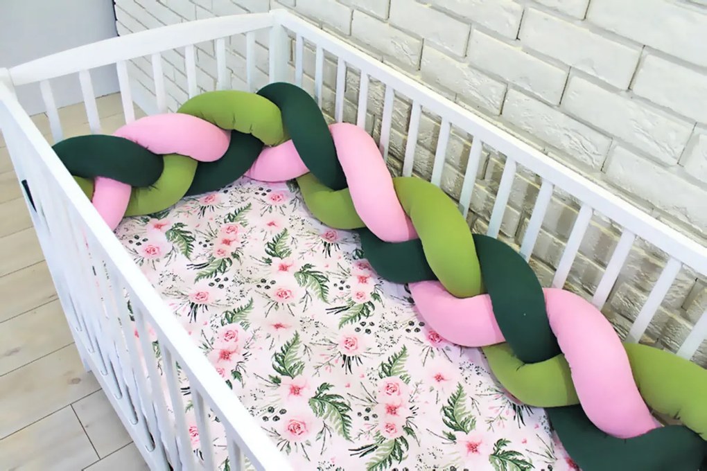 Baby Nellys Mantinel pletený vrkoč s obliečkami Kvetinky, 135x100 - zelená, ružová 135x100