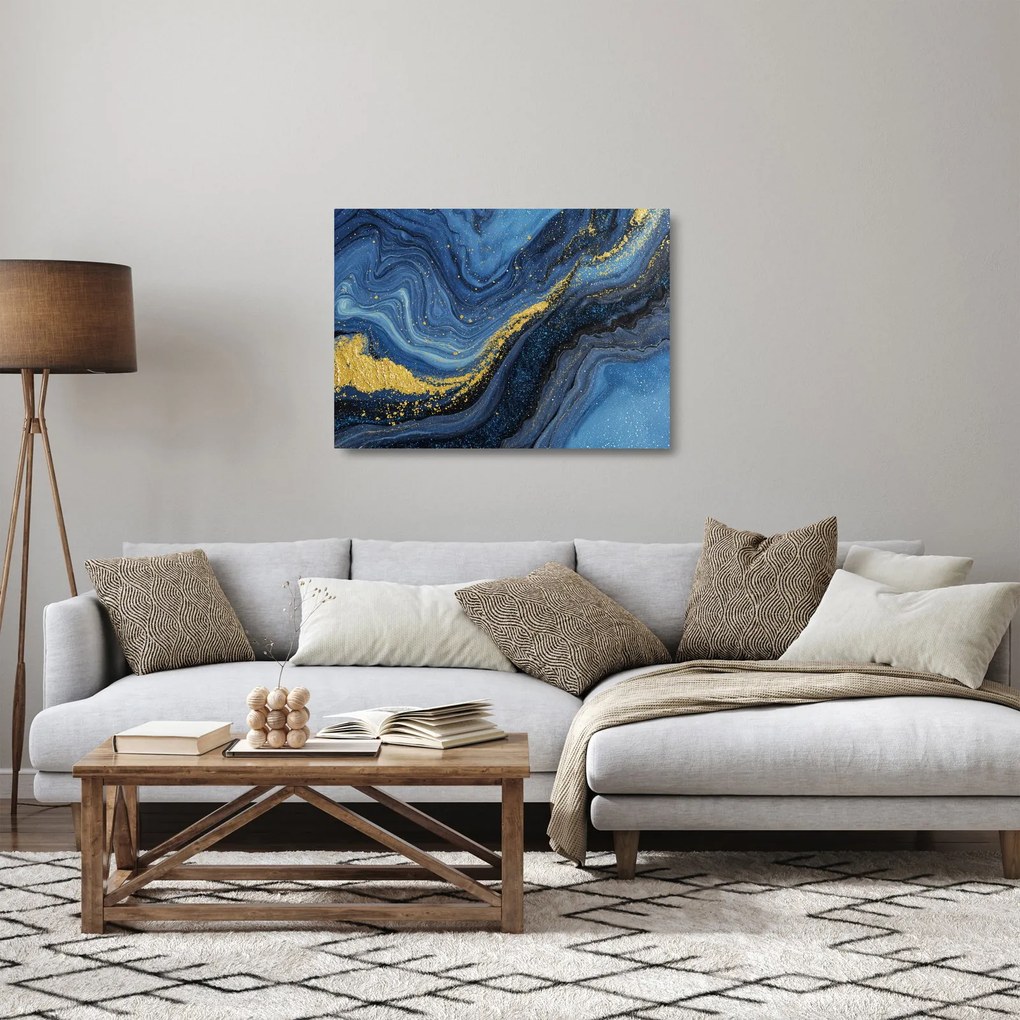 Sklenený obraz - Modro-zlatá abstrakcia (70x50 cm)