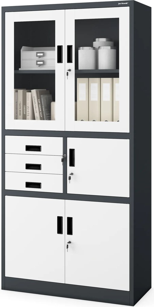 Kovová spisová skriňa so zásuvkami, vitrínou a trezorom FILIP, 900 x 1850 x 400 mm, antracitovo-biela