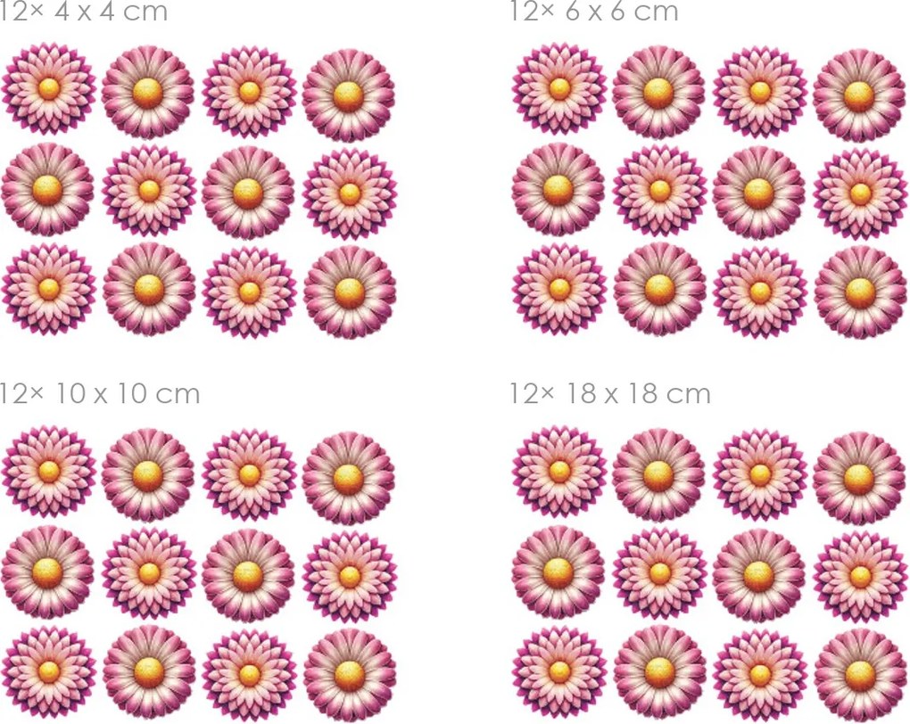 Růžové kvety 12 ks textilní prelepiteľné nálepky na stenu 12 ks 6 x 6 cm