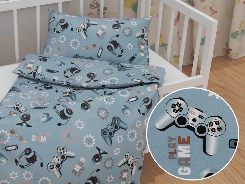 Biante Detské bavlnené posteľné obliečky do postieľky Sandra SA-588 Play Game na modrom Do postieľky 90x140 a 40x60 cm