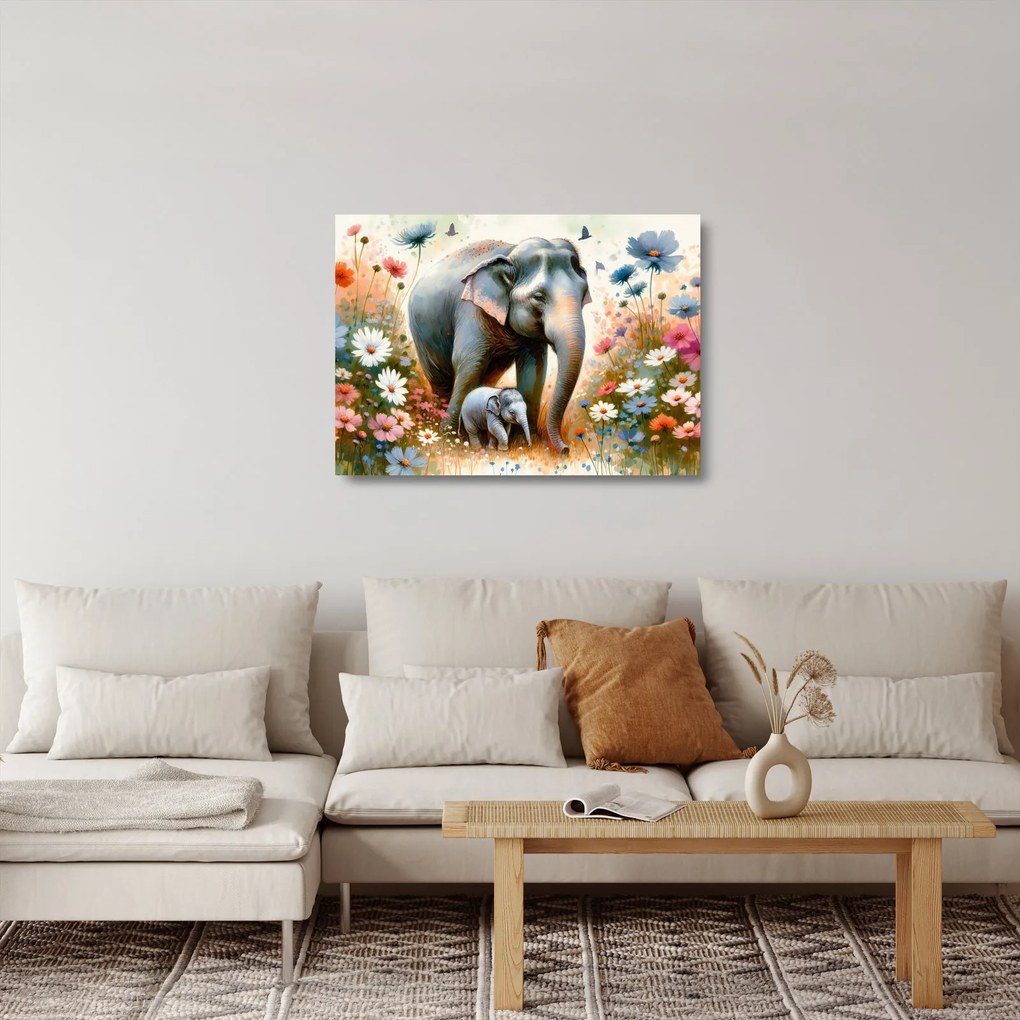 Sklenený obraz - Slonia mama, akvarel (70x50 cm)