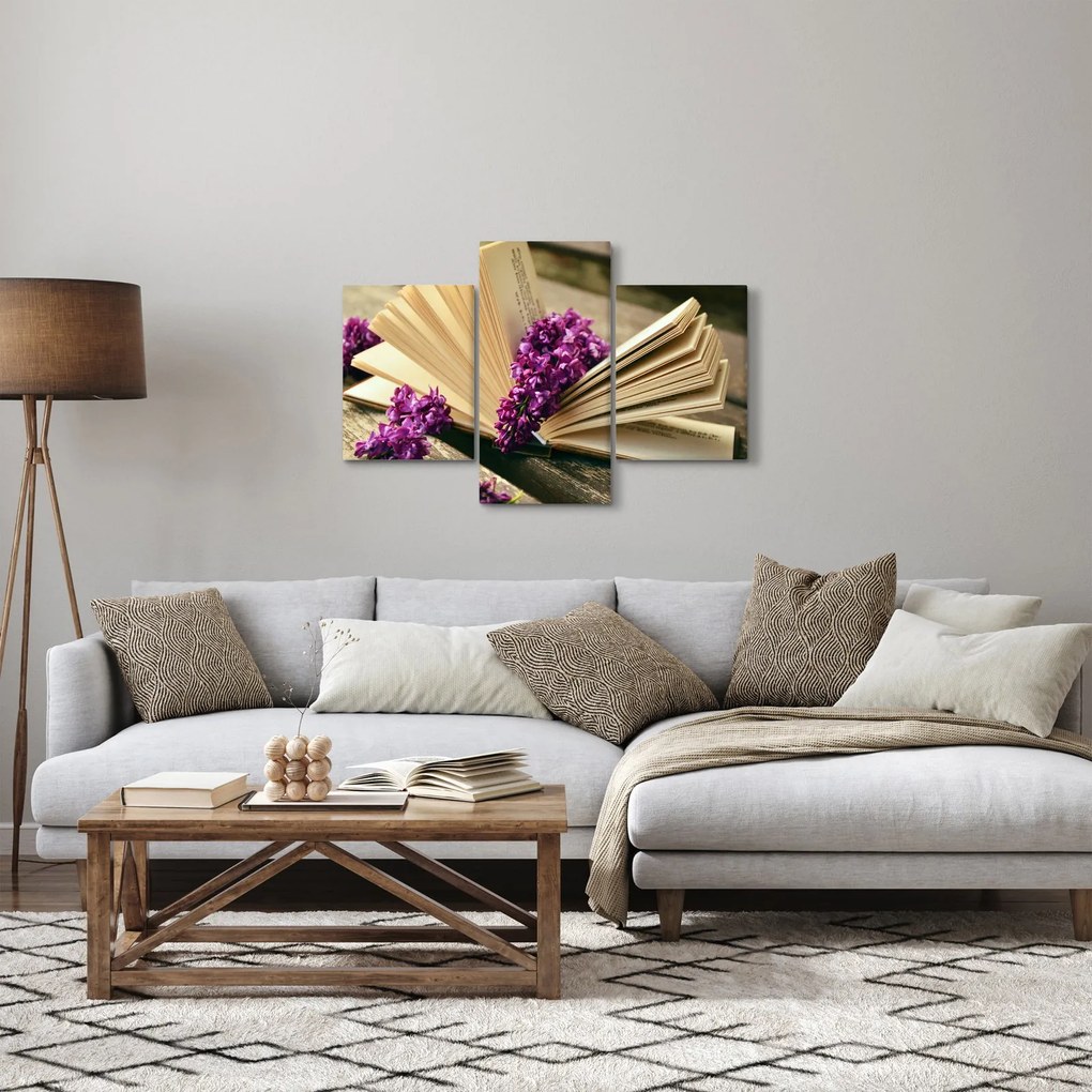 Obraz knihy a fialovej kvetiny (90x60 cm)