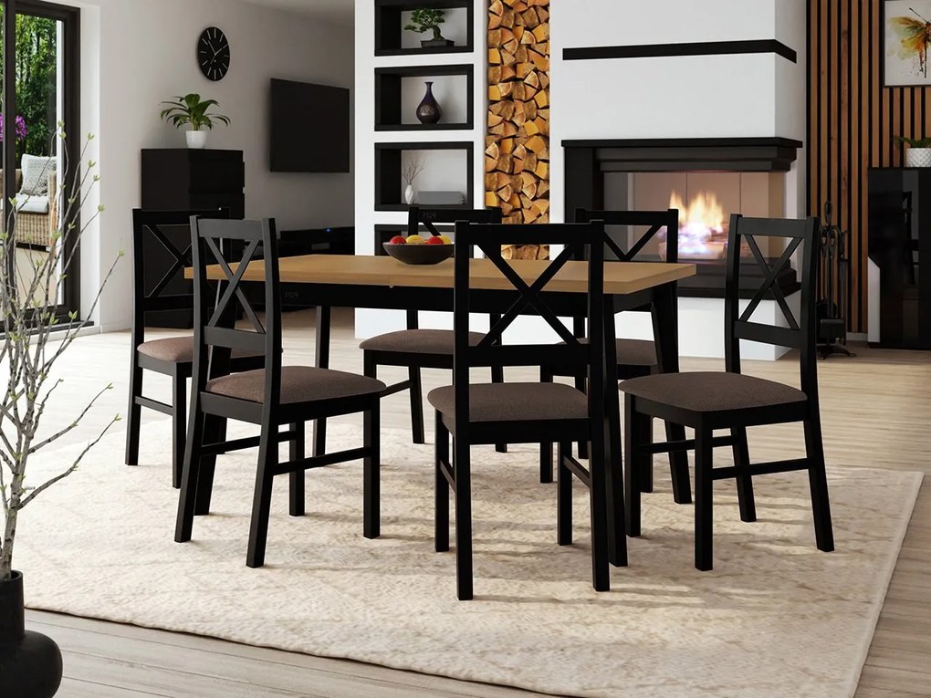 Stôl so 6 stoličkami - AL43, Morenie: dub artisan L, Poťahové látky: Hygge D20, Farby nožičiek: biela