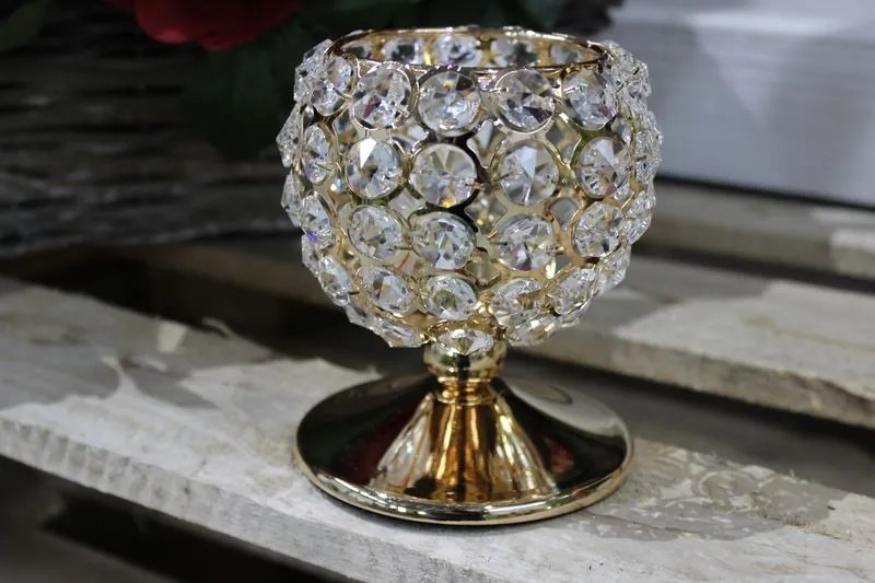 Zlatý luxusný svietnik so skleneným zdobením 12cm