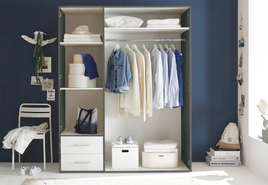 Šatníková skriňa Valencia,155 cm, optika šedého kovu/biela