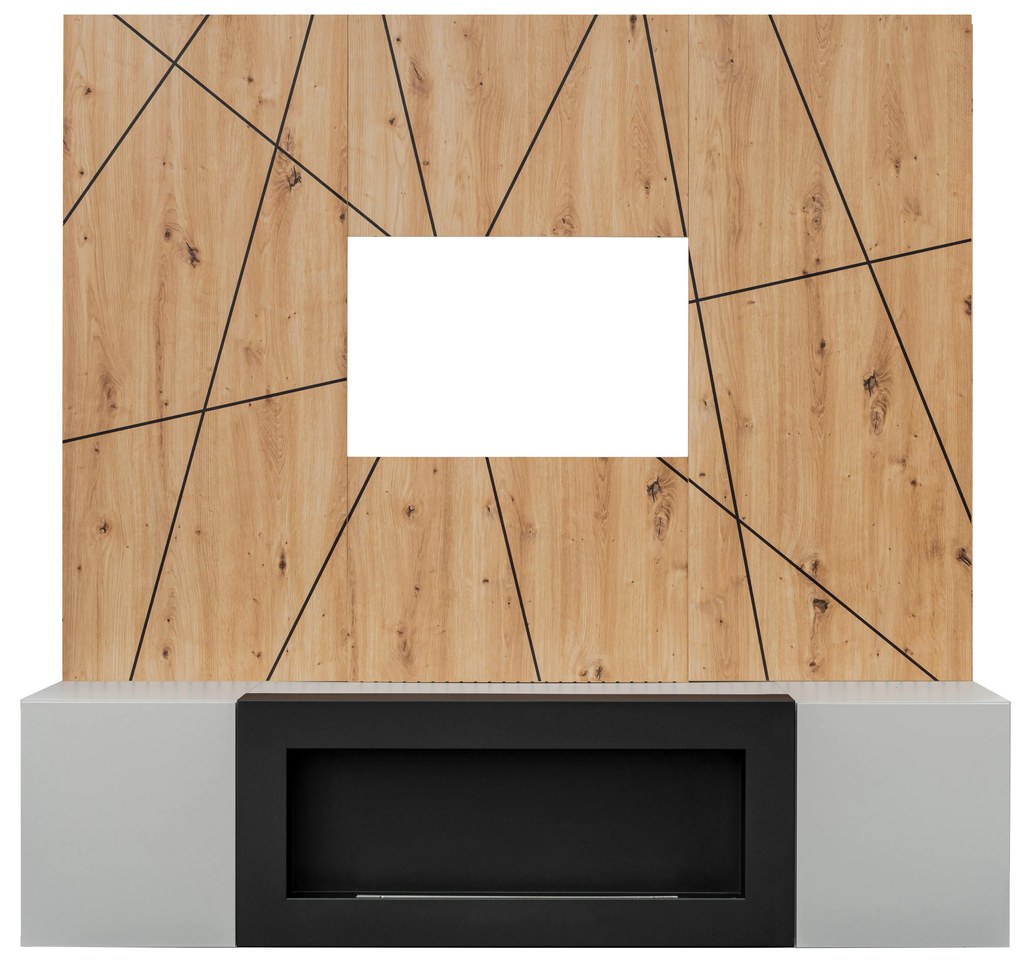 Obývacia stena Xavus G2-K (perla grey + dub artisan) (s bio krbom). Akcia -20%. Vlastná spoľahlivá doprava až k Vám domov. 1118838