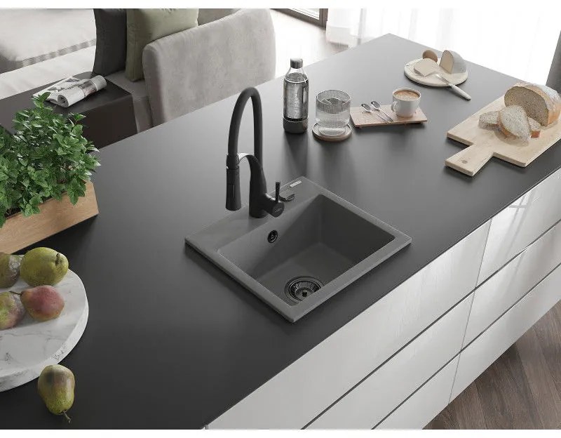 Mexen Milo, 1-komorový granitový drez 435x410x171 mm a drezová batéria Aster, šedá, 6505-71-73450-70-B