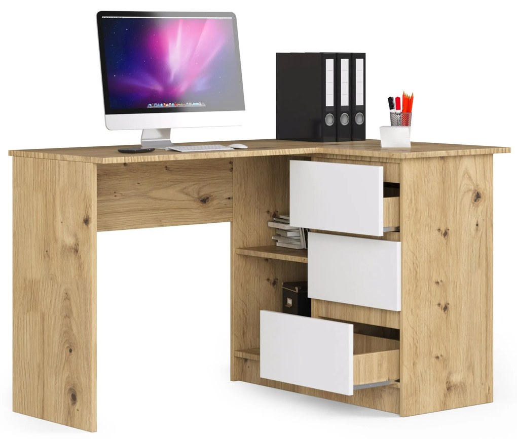 Rohový PC stolík Bodhi (dub artisan + biela) (P). Akcia -18%. Vlastná spoľahlivá doprava až k Vám domov. 1070966