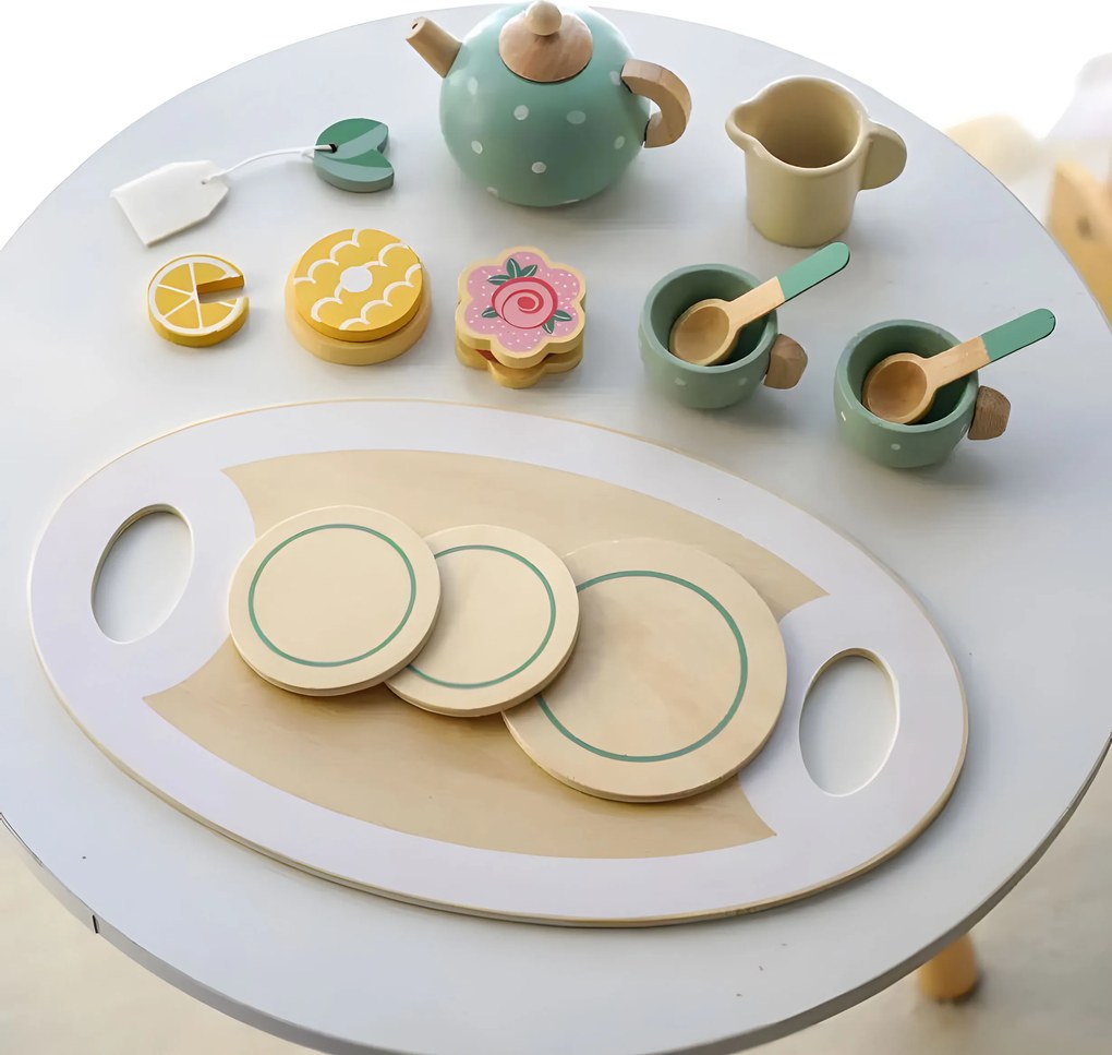 ECOTOYS Dřevěná čajová souprava se sladkostmi ECOTOYS, 27 dílů pro děti 3+