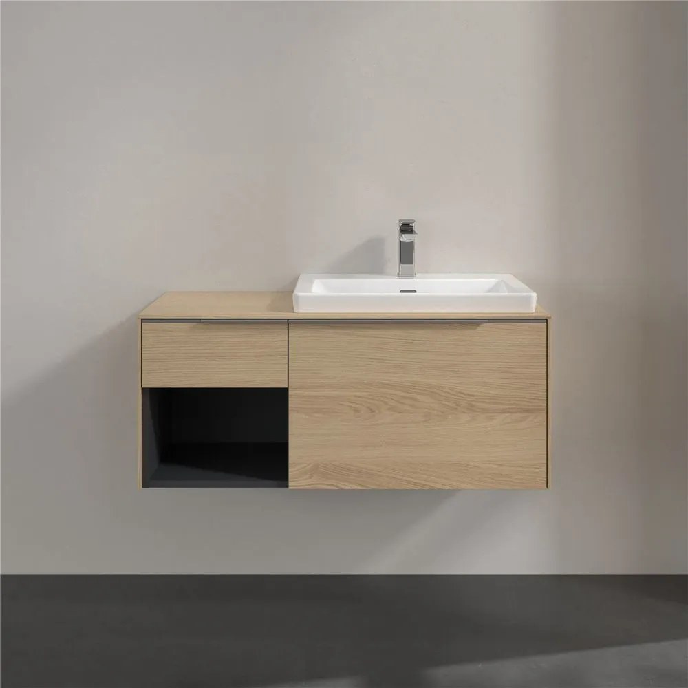 VILLEROY &amp; BOCH Subway 3.0 závesná skrinka pod umývadlo (umývadlo vpravo), 2 zásuvky + regálový prvok, s LED osvetlením, 1001 x 516 x 422,5 mm, Nordic Oak, C571L0VJ