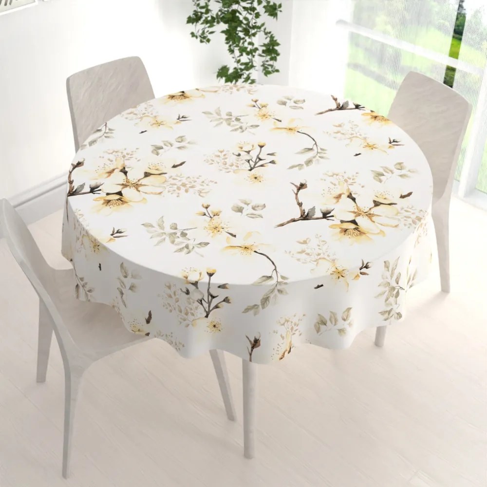 Biante Bavlnený okrúhly obrus Sandra SA-582 Žlté kvety s vetvičkami na bielom Ø 80 cm