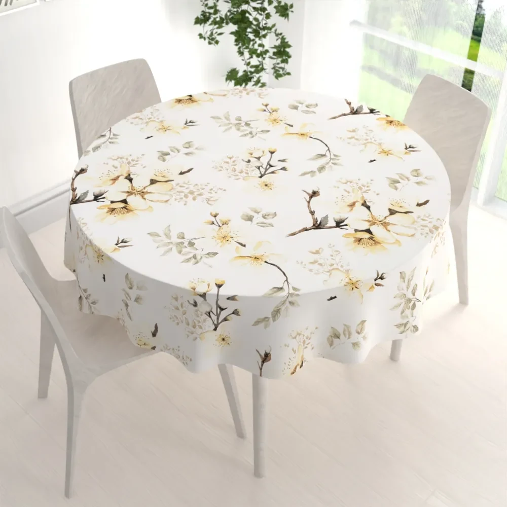 Biante Bavlnený okrúhly obrus Sandra SA-582 Žlté kvety s vetvičkami na bielom Ø 90 cm