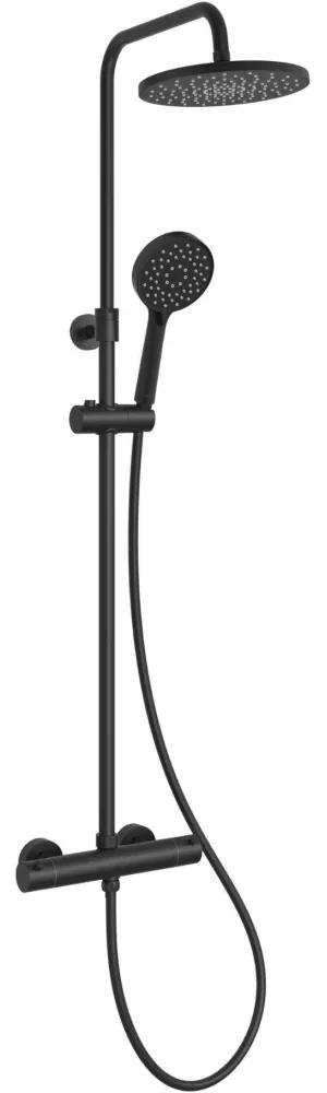 KIELLE Oudee nástenný sprchový systém s termostatom, horná sprcha priemer 228 mm, ručná sprcha 3jet, matná čierna, 20602024