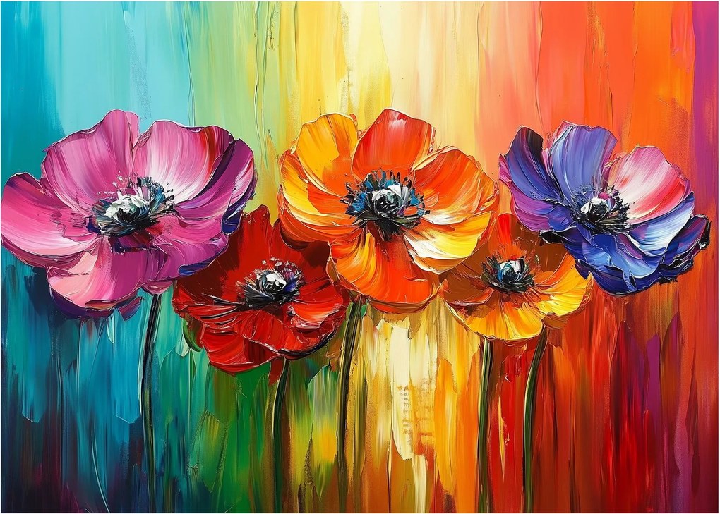 Sklenený obraz - Päť pestrofarebných kvetov (70x50 cm)