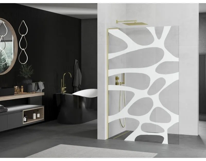 Mexen Kioto L, sprchová zástena Walk-In 90 x 200 cm, 8mm číre sklo biely vzor, zlatý lesklý profil,800-090-103-50-97