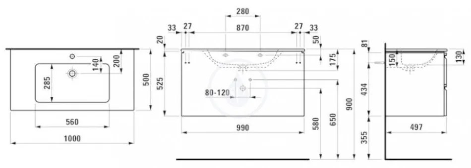 LAUFEN Pro S Skrinka s umývadlom, 1000 mm x 500 mm, farba biela mat H8619654631041