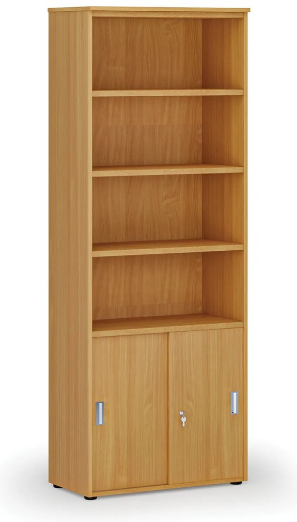 Kombinovaná kancelárska skriňa PRIMO WOOD, zasúvacie dvere na 2 poschodia, 800 x 420 x 2128 mm, buk