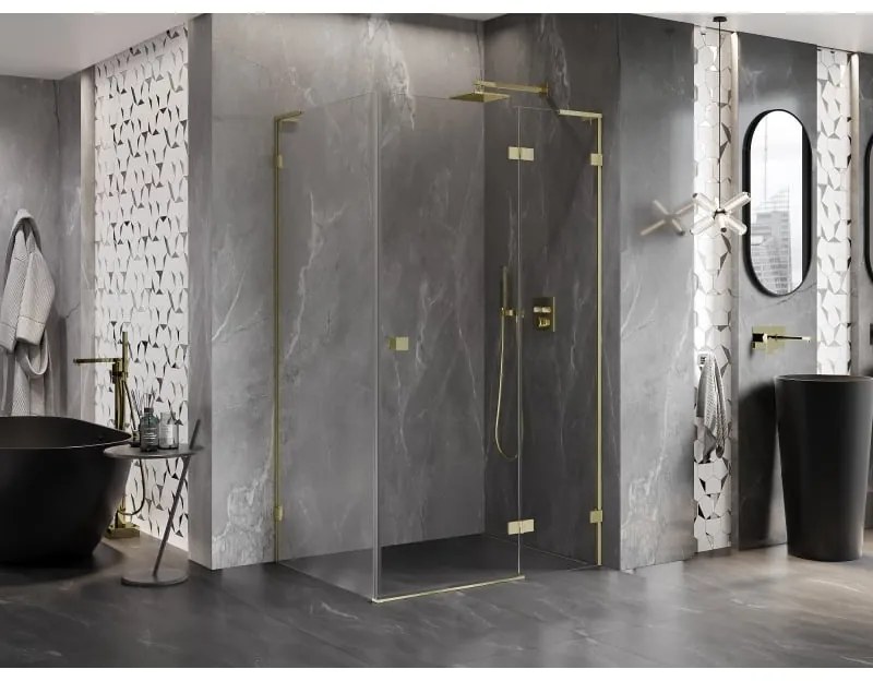 Mexen Lunar, L pravý výklopný sprchový kút 85 x 80 cm, 8mm číre sklo, zlatý kartáčovaný - 834L-085-080-55-00-P