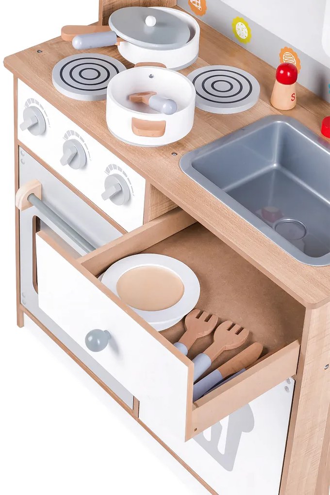 Drevená kuchynka ECOTOYS s 16 dielmi a zvukom
