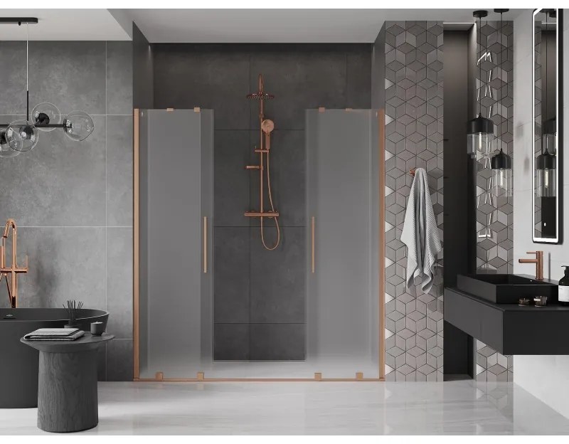 Mexen Velar Duo, posuvné sprchové dvere do otvoru 200 cm, 8mm sklo námraza, medená matná, 871-200-000-32-65