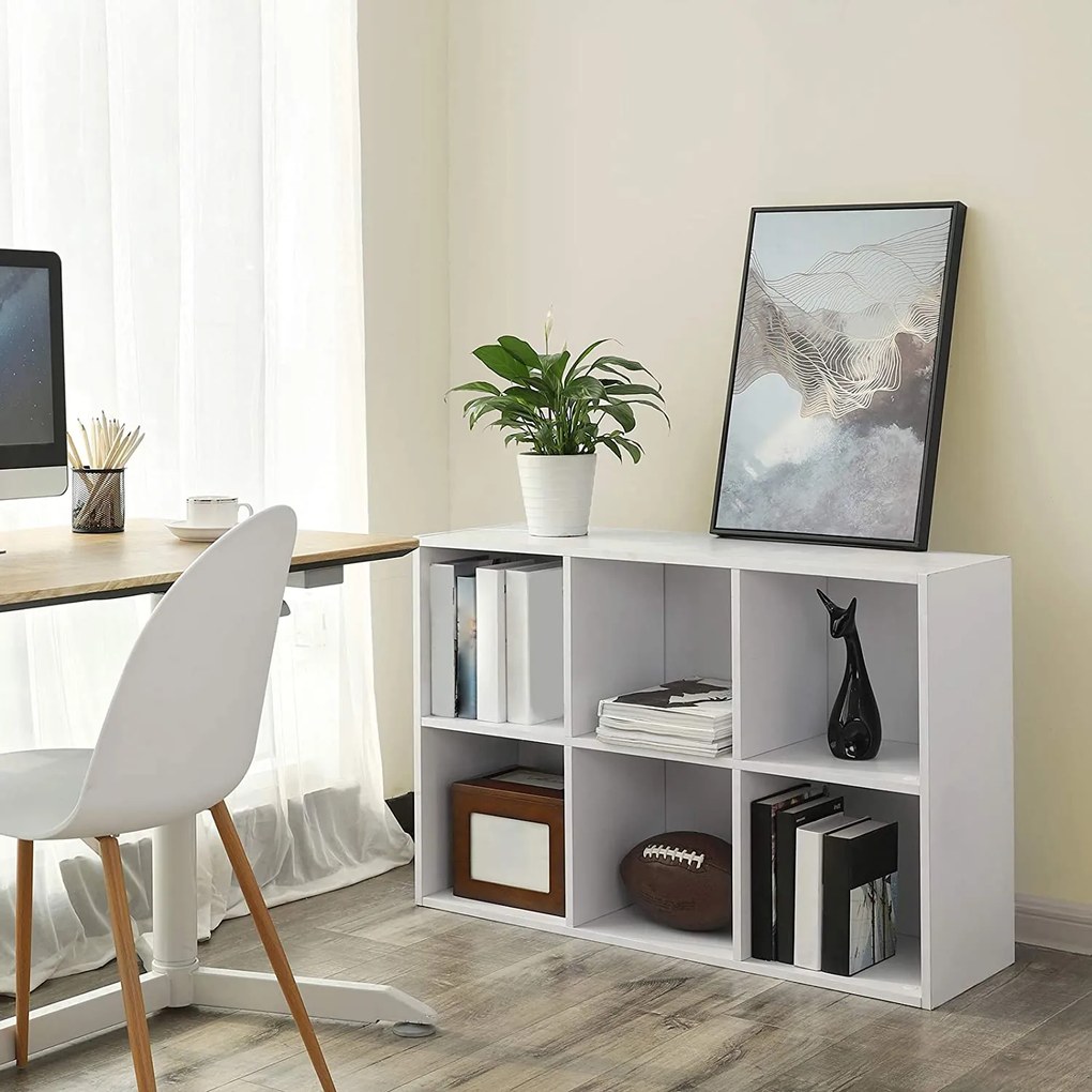 Úložná polica so 6 priehradkami, 3-úrovňová polica na knihy, 65,5 x 30 x 97,5 cm, biela