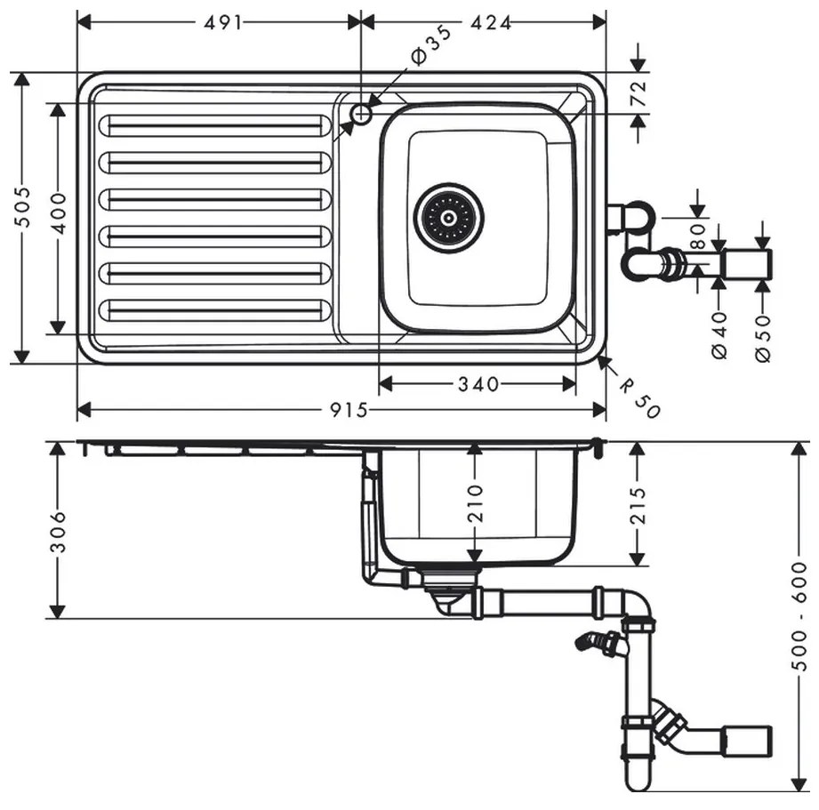 Hansgrohe S41, vstavaný drez S4111-F340 s odkvapkávačom, nerezová oceľ, HAN-43340800