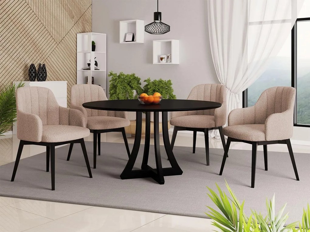 Okrúhly stôl Dagerto FI 120 so 4 stoličkami ST105 05, Dostupné poťahy: Baloo 2074, Farby: biely lesk / čierny lesk