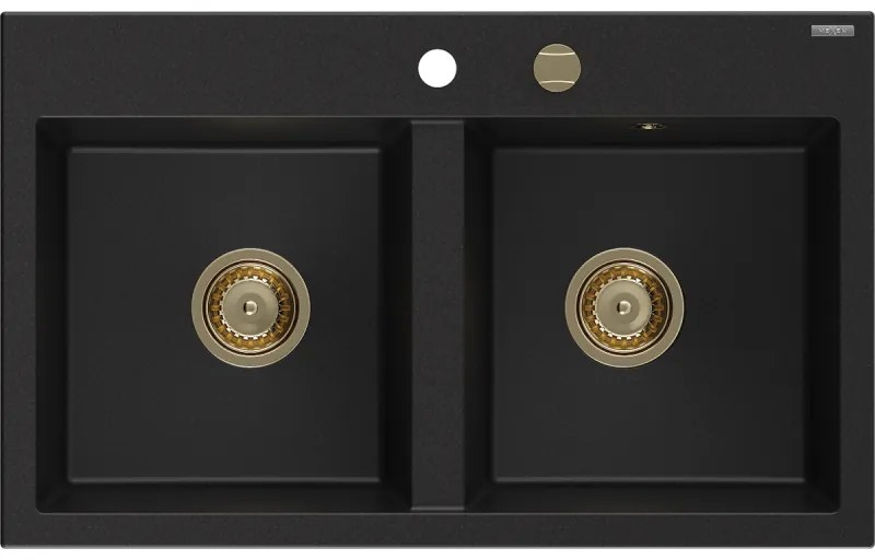 Mexen Hektor, 2-komorový granitový drez 800x480x205 mm, čierna, zlatý sifón,- 6521802000-77-G